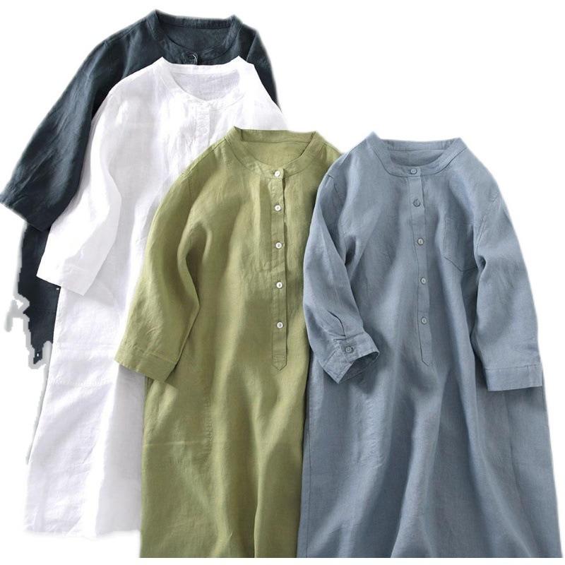 Платье женское однотонное повседневное платье-рубашка из конопли, свободное, утягивающее, большого размера, с рукавами, длинная юбка
