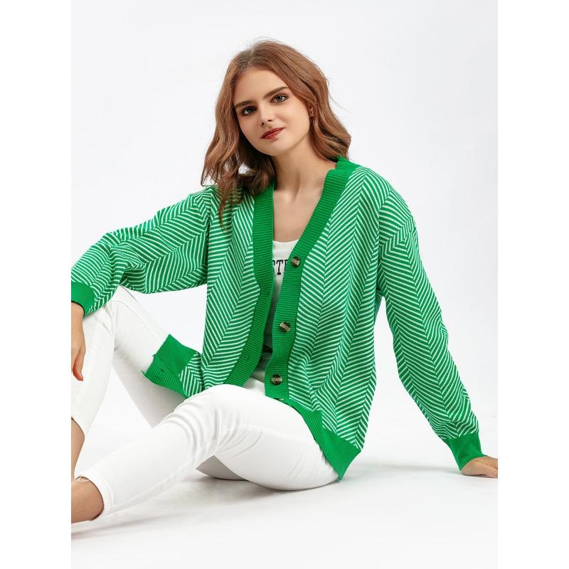 Autumn Women's Cardigan Sweater Women V-Neck Color Collision Loose Striped Sweater Jacket Long Sleeve Top