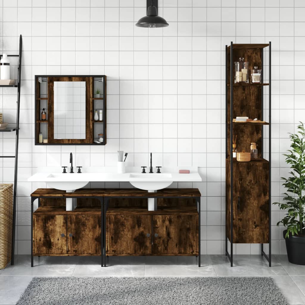 4 Piece Bathroom Furniture Set Smoked Oak Wood Based Material