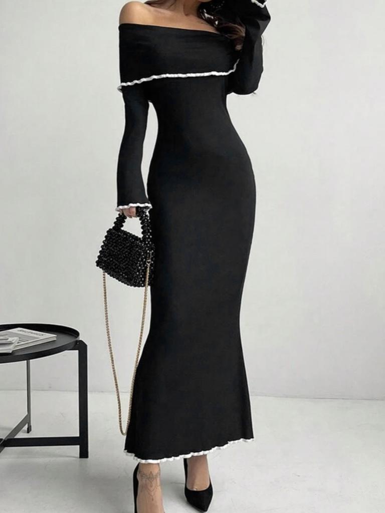 Женское платье-свитер с открытыми плечами и длинными рукавами, однотонное облегающее эластичное платье на весну и осень