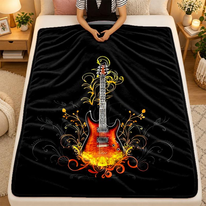 Flannel BlanketMusic Guitar Warm Soft Throw Blanket for Indoor Sofa Bed Living Room Use