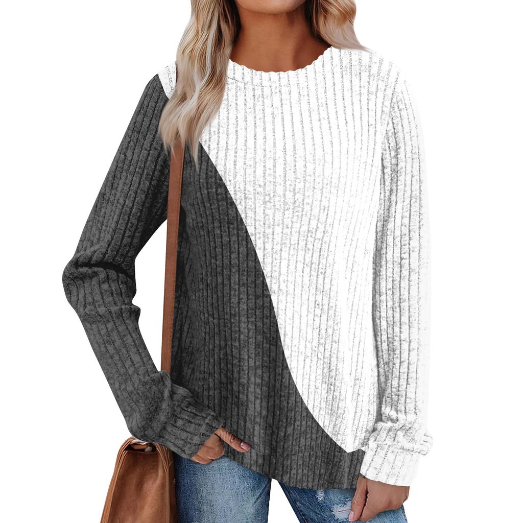 Women's Winter Color-Block Printed Lightweight Brushed-Cotton Round Neck Top