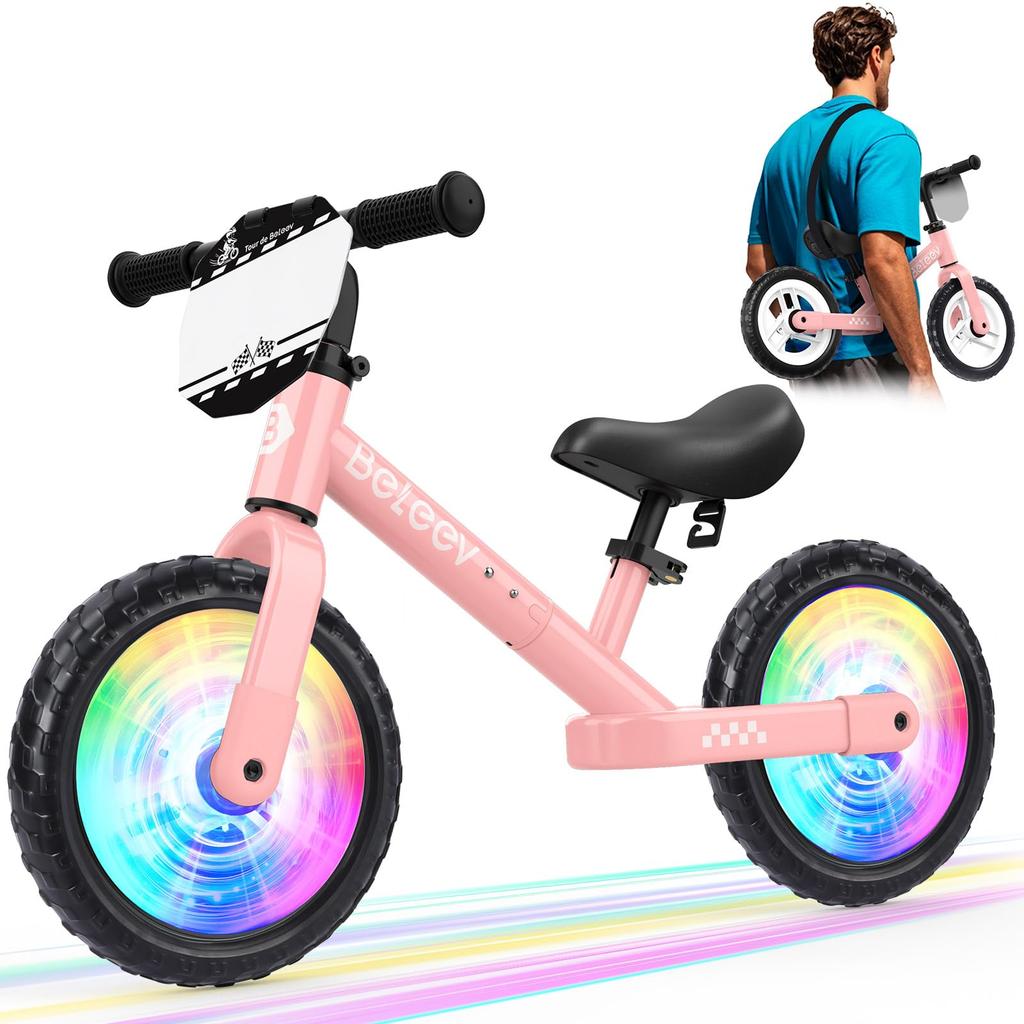 BELEEV Kick Bike, 12-inch, No-Pedal Bike for Ages 2-6, Lightweight & Adjustable Seat & Handlebars, Illuminated Wheels & Carry Strap (Pink)