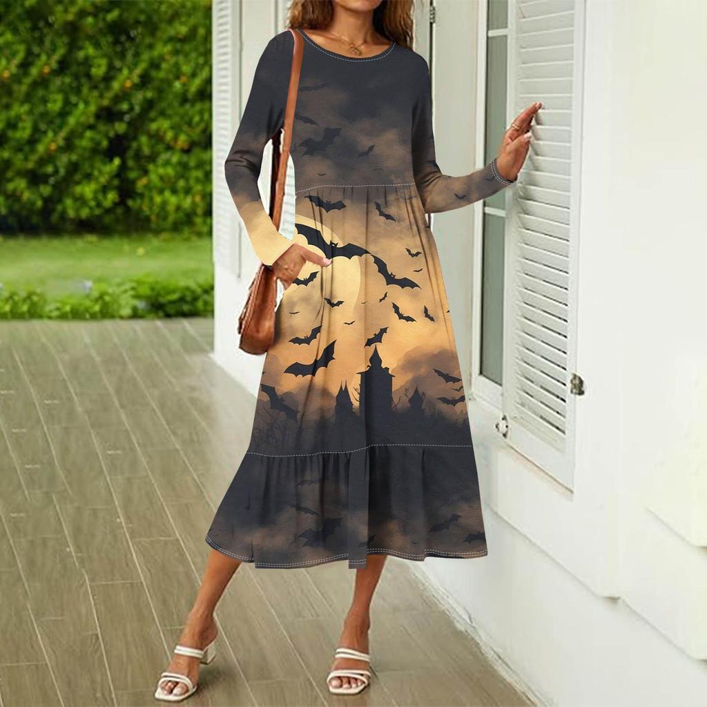 Женское повседневное платье с принтом на Хэллоуин, весна-осень, карман, круглый вырез, длинные рукава, платья