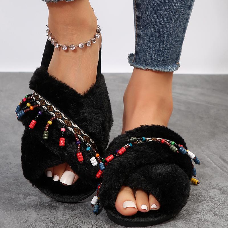 Fashion Fashion Tassel Decor Fur Slippers for Women Open Toe Cross Strap Plush Home Slippers Woman Autumn Winter Cozy Warm Fluffy Slides