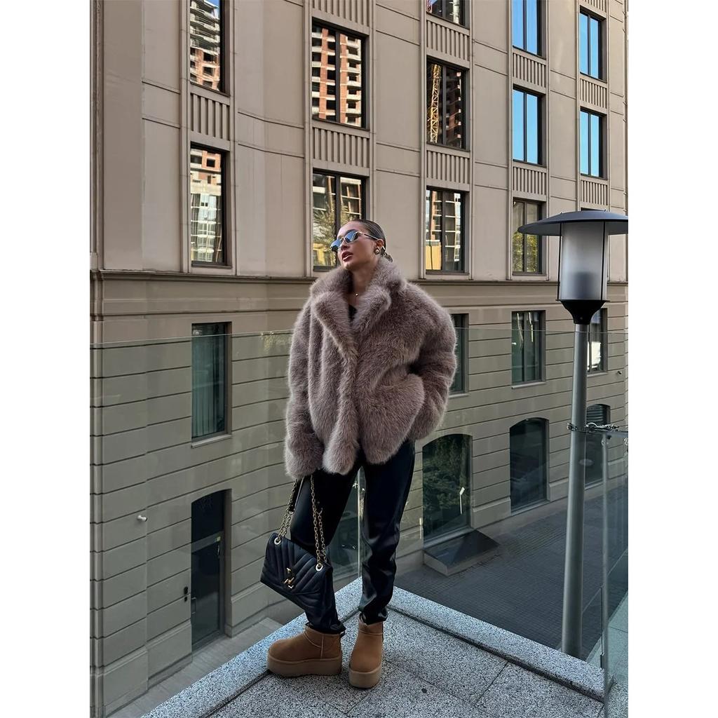 Женские пальто из искусственного меха, однотонные, теплые куртки, длинные рукава, воротник с лацканами, потайная застежка на пуговицы, свободный крой, элегантный повседневный стиль, осень-зима