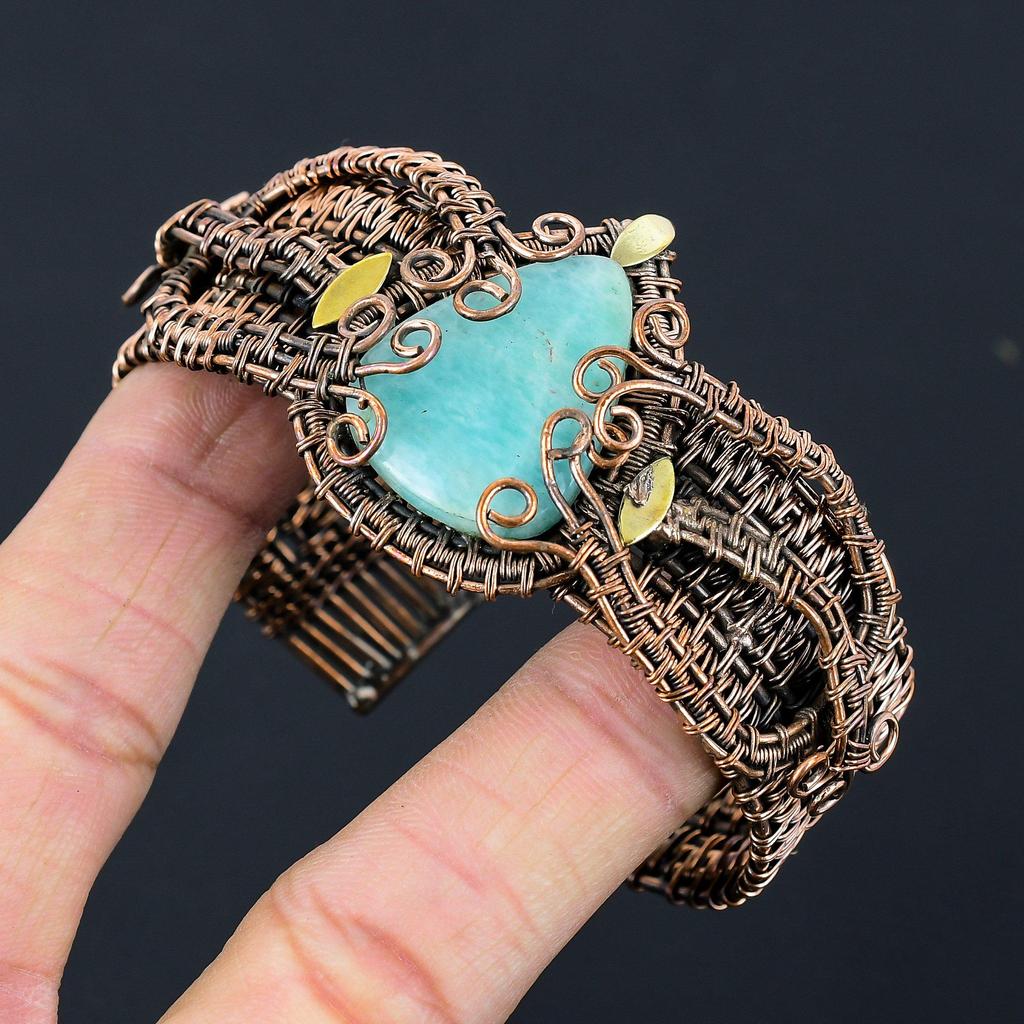 Amazonite Gemstone Handmade Copper Wire Wrap Jewelry Adjustable Bracelet For Women