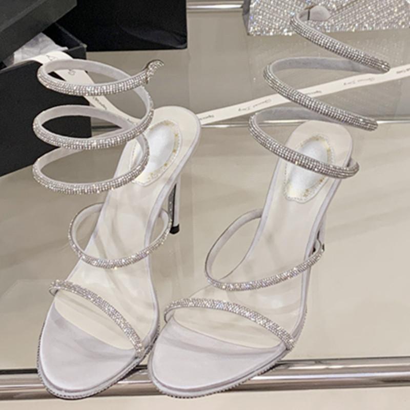 Bling Bling Rhinestone Brand High Heel Sandals Women Fashion Narrow Band Thin High Heel Slide Sandals Banquet Party Dress Shoes