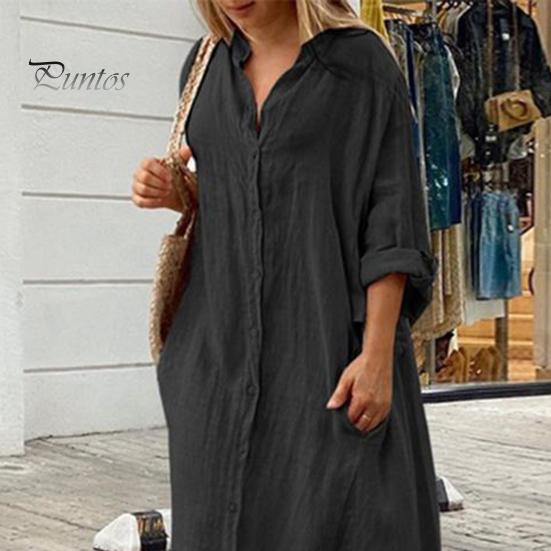 Spring Summer Women Dress Plus Size Loose Pure Color Single-breasted Pockets V Neck Long Sleeves Split Hem Soft Breathable Casual Ankle Length Maxi