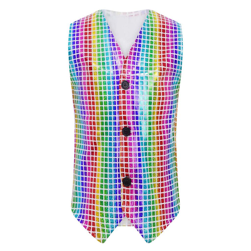 Boys Girls Dance Stage Performance Costume V Neck Sleeveless Asymmetrical Hem Button Metallic Plaid Vest