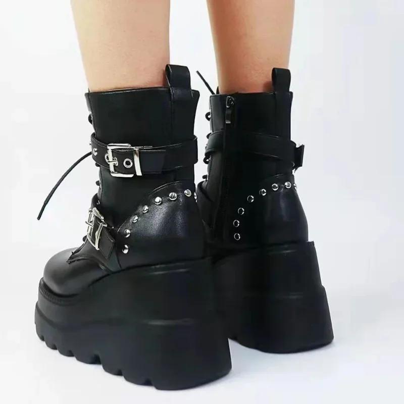 New Women's Pu Leather Ankle Boots Women Autumn Winter Round Toe Lace Up Shoes Woman Motorcycle Platform Botas Gothic Shoes