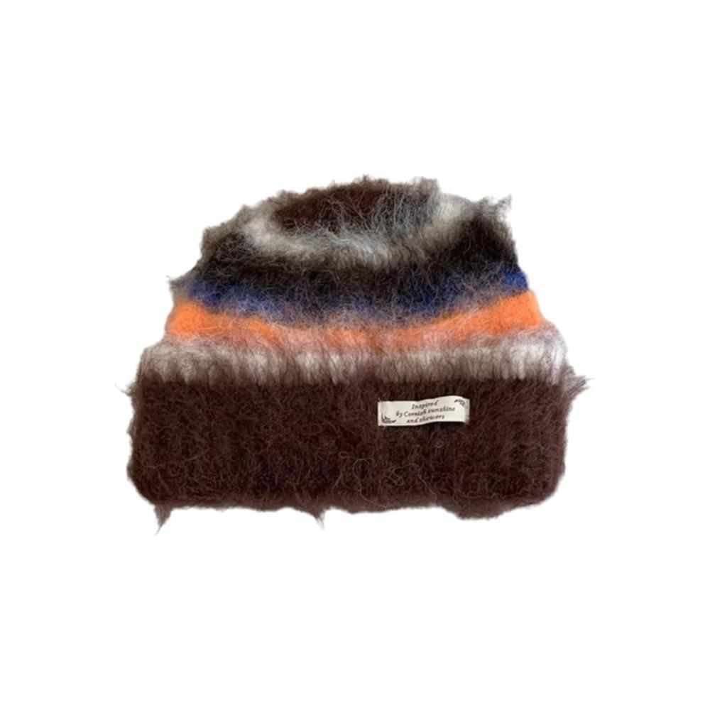 Plush Striped Knitted Hat Rainbow Color Wool Hat Soft Mohair Gloves Autumn Winter