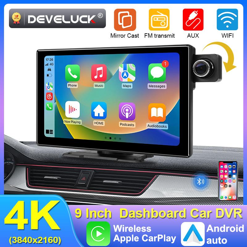 9-дюймовый 4K видеорегистратор автомобильный видеорегистратор беспроводной Carplay Android Auto вращающийся объектив видеорегистратор приборная панель двойной объектив 1080P камера заднего вида