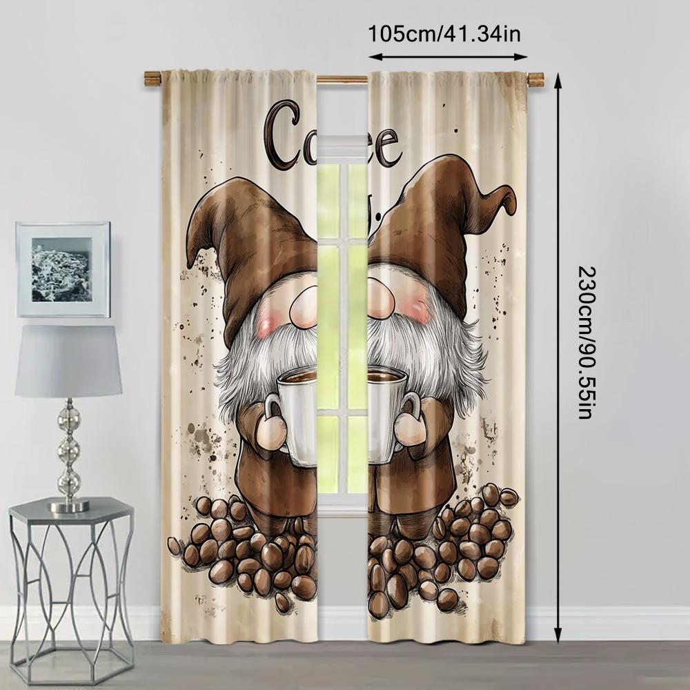 2pcs, Light Filtering Curtains Coffee Gnome Versatile Durable Polyester (without rod) Gifts Perfect for Living Room, Bedroom,