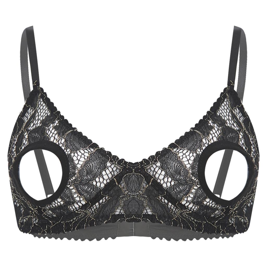Womens Hollow Out Lace Bra Top Adjustable Spaghetti Straps Sheer Panels Club Rave Wear