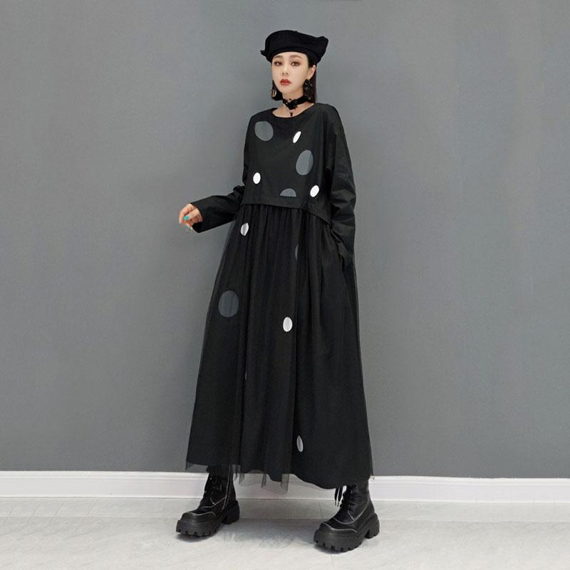 Xitao Mesh Patchwork Dress Loose Fashion Dot Print Women Simplicity Casual Pleated Hem WMD2016