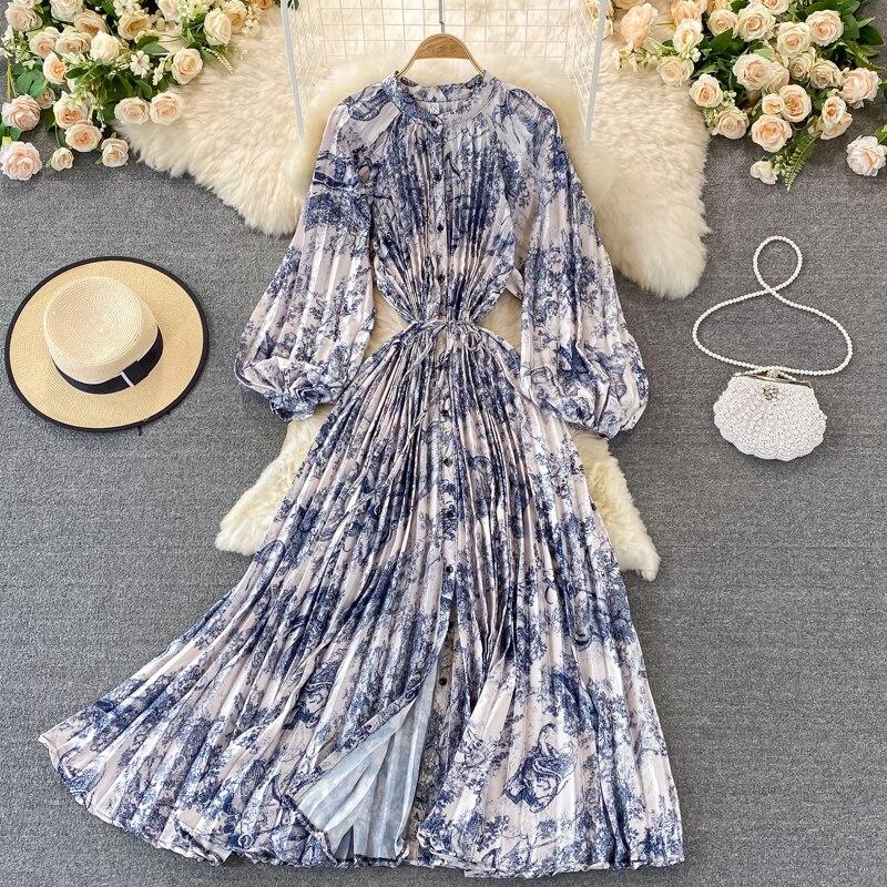 RUGOD 2024 весеннее свободное тонкое атласное однобортное плиссированное платье с круглым вырезом и длинными рукавами, элегантное легкое экстравагантное длинное платье