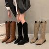 Женские ковбойские сапоги, модные женские элегантные сапоги до колена на квадратном низком каблуке без шнуровки, женская зимняя обувь