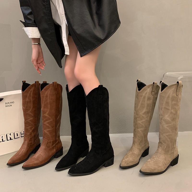 Женские ковбойские сапоги, модные женские элегантные сапоги до колена на квадратном низком каблуке без шнуровки, женская зимняя обувь