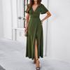 Women's Casual Long Formal Dresses Evening Gowns Solid Color Split Elegant V-Neck A-Line Short Sleeve Wedding Dresses Guest Gowns