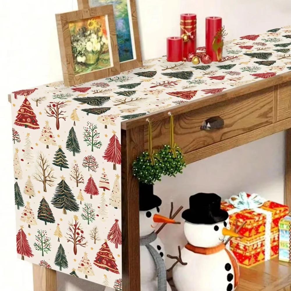 Mixed Pine Tree Pattern Holiday Tablecloth Polyester Party Table Decor Table Runner Festive Dining