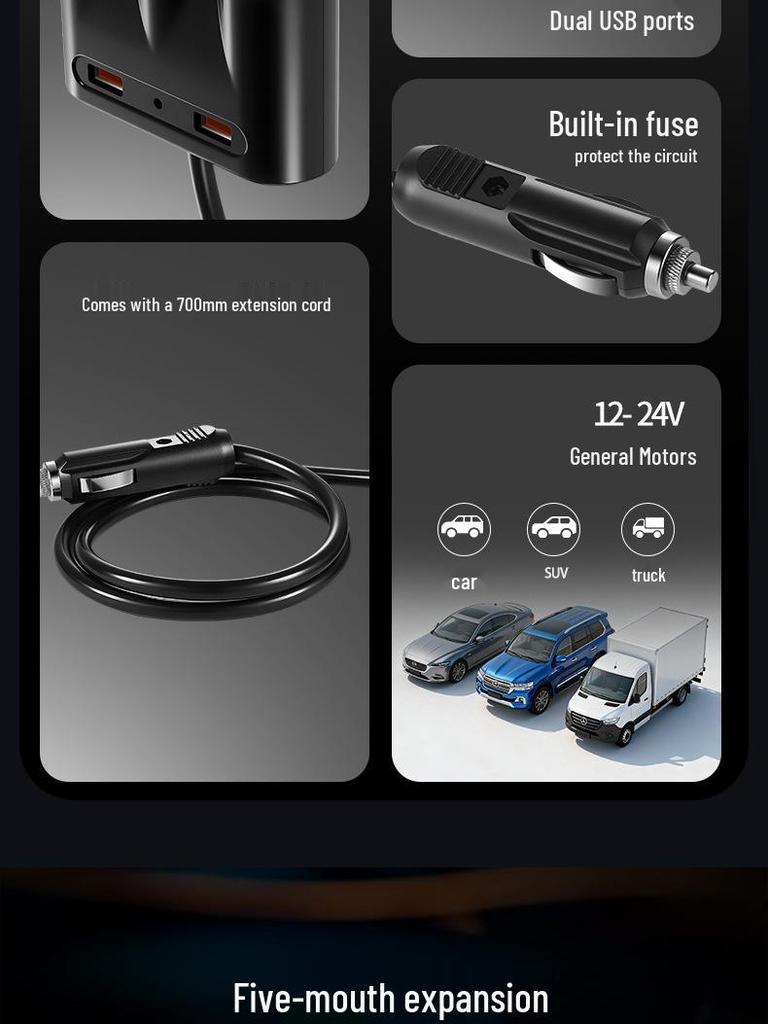 180W Triple-Port Car Charger with Cable for Fast Charging Compatible with Apple & Huawei Phones