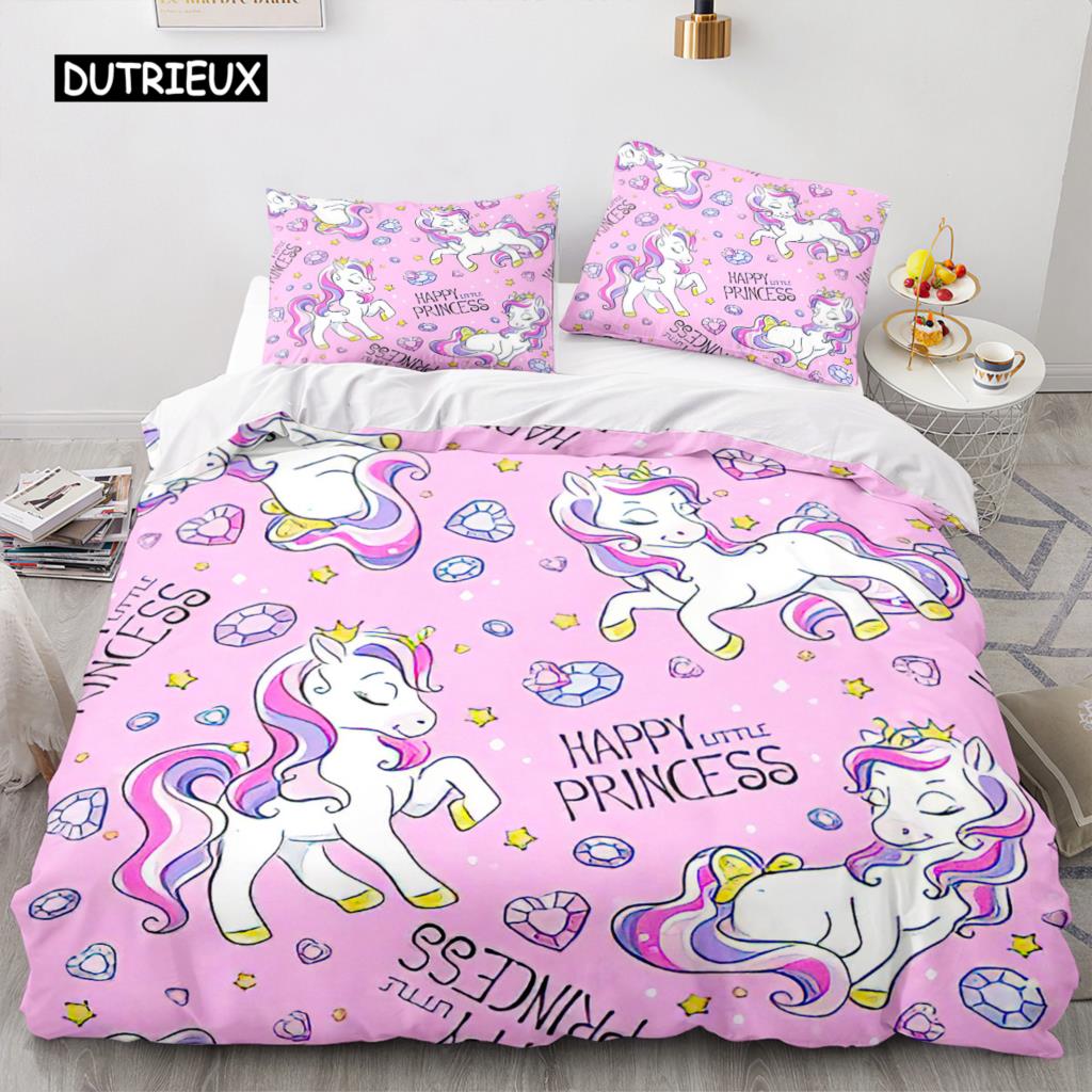 Unicorn Duvet Cover King Queen Cute White Cartoon Animal Bedding Set Children Boys Girl Western Fairy Tale Polyester Quilt Cover