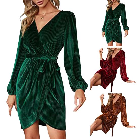 Женское платье для свиданий с V-образным вырезом и завязывающимся поясом, тонкая талия, длинные рукава, бархатная ткань, неровный подол, вечернее платье, однотонное мини-платье для выпускного вечера