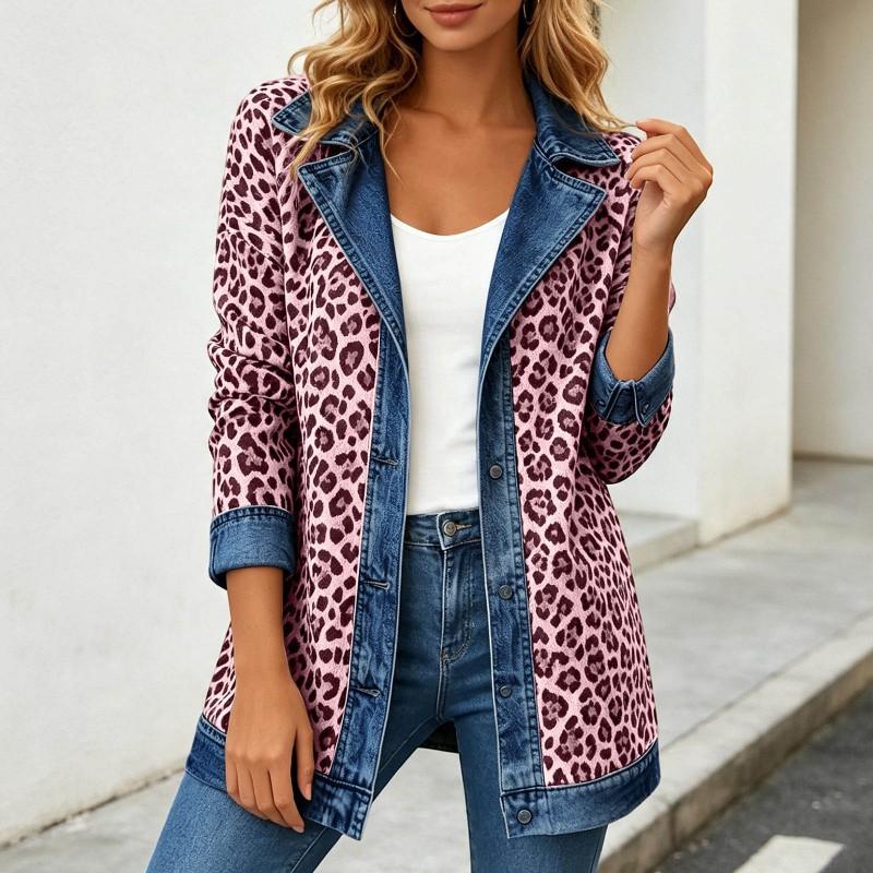 Womens Leopard Print Denim Jacket Long Sleeve Loose Fit Casual Open Front Shirt Collar Streetwear Coat