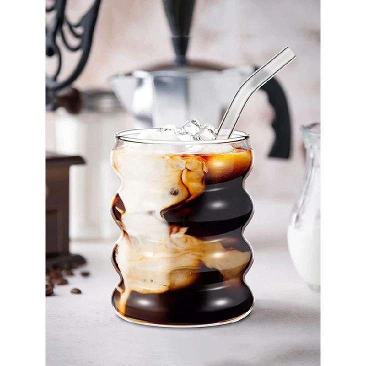 Leeseph 4Pcs Creative Glass Cups Coffee Mug Vintage Drinking Glasses Ribbed Glassware Aesthetic Cups with Straws Set