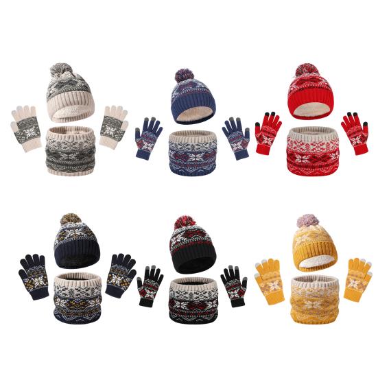 3 Pcs/Set Children Hat Scarf Glove Set Thick Knitted Warm Jacquard Cap Anti-slip Gloves