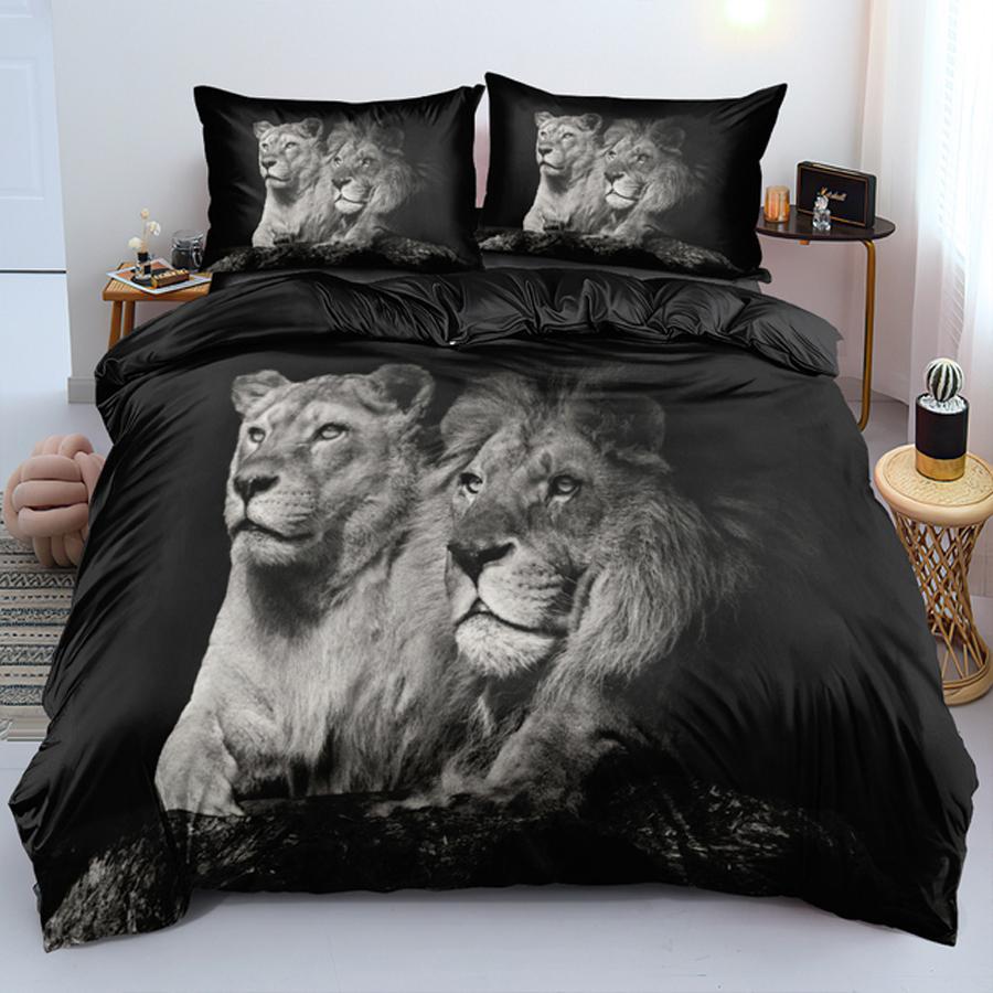 Lion Tiger King Queen Duvet Cover Lovely Wild Animals Bedding Set For Kids Teens Adults Wildlife Grey Black 2/3pcs Quilt Cover