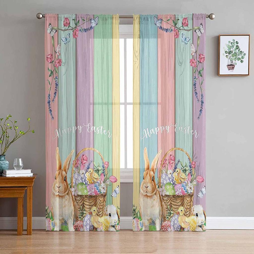 Easter Window Sheer Curtains for Bedroom Living Room Easter Egg Easter Bunny Spring Flower Chiffon Voile Sheer Drapes Curtain