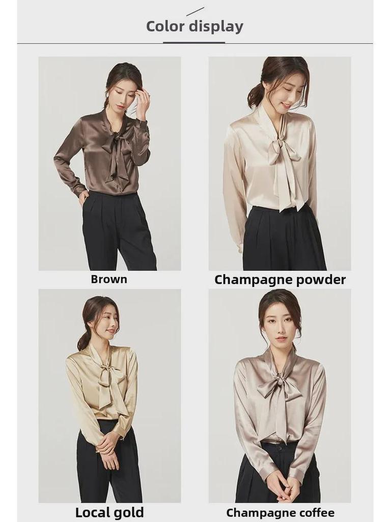 Women's Early Spring Mulberry Silk Satin Blouse with Bow - Long Sleeve