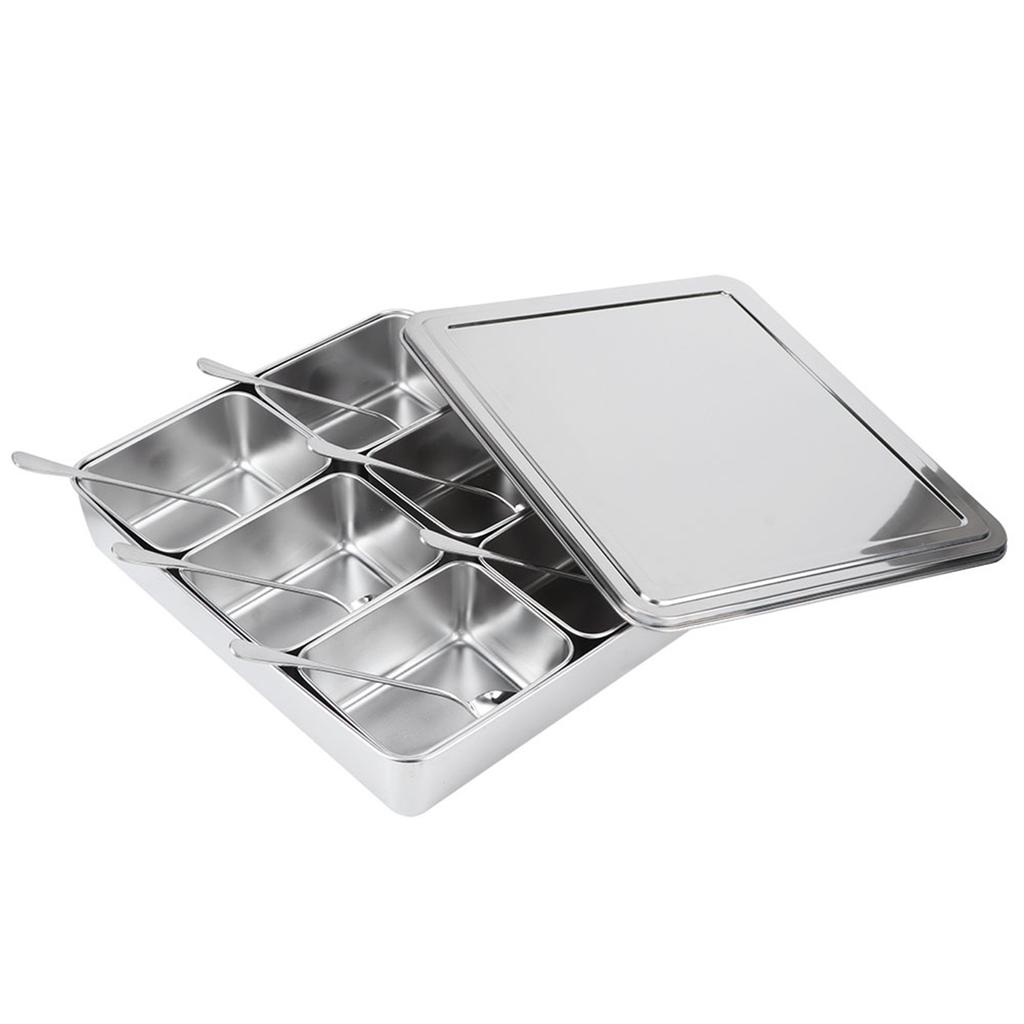 6‑Grid Stainless Steel Seasoning Box Jar Storage Container Set with Spoons Kitchen Utensils