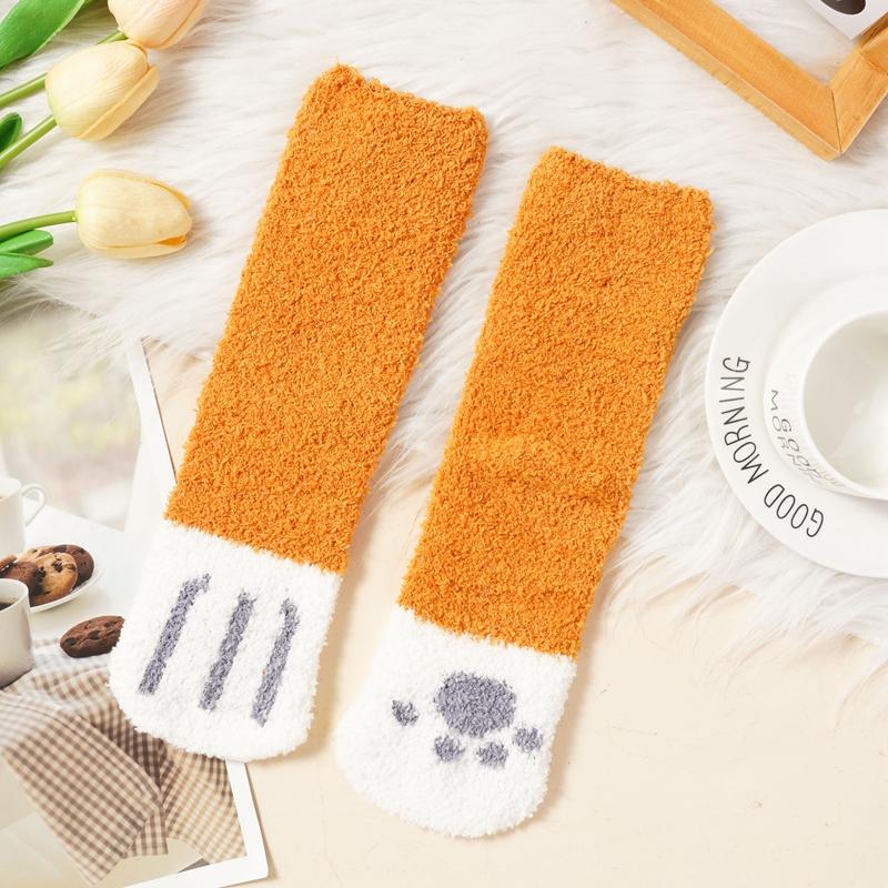 Women's Cute Cat Paw Socks Winter Thickened Coral Velvet Socks Soft Mid-calf Socks