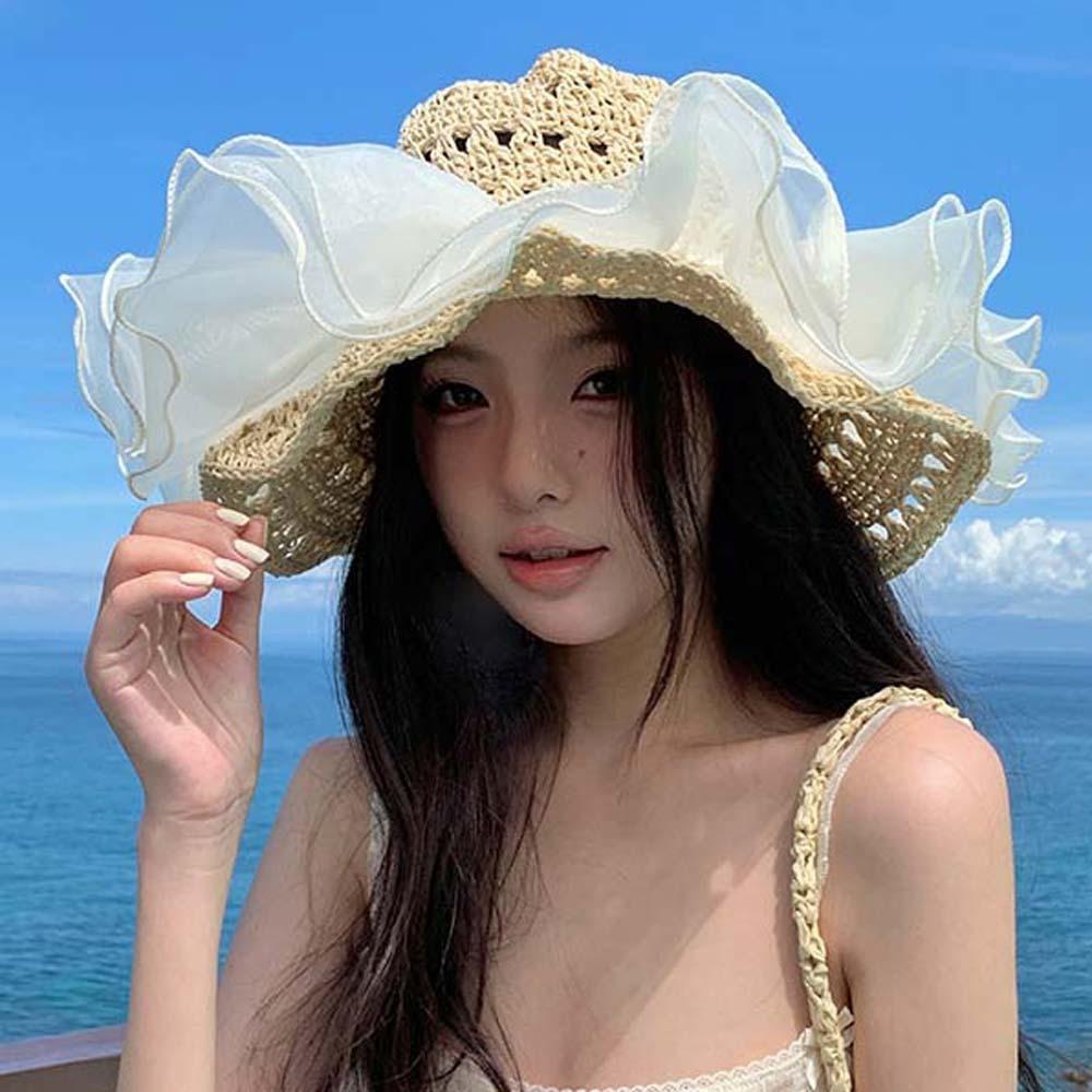 Breathable Lace Pearls Sun Cap Portable Big Brimmed Woven Cap Sweet Straw Weaving Beach Hat  Spring