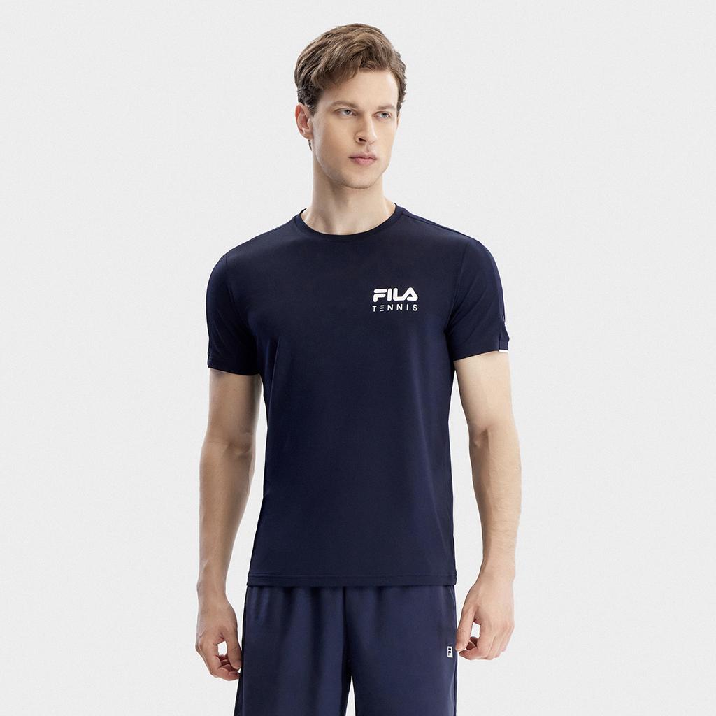 Fila Logo Simple Tennis Sports Knitted Solid Color Casual Round Neck Short Sleeve T-Shirt Men Tops Legendary-Blue A11M323107F-NV