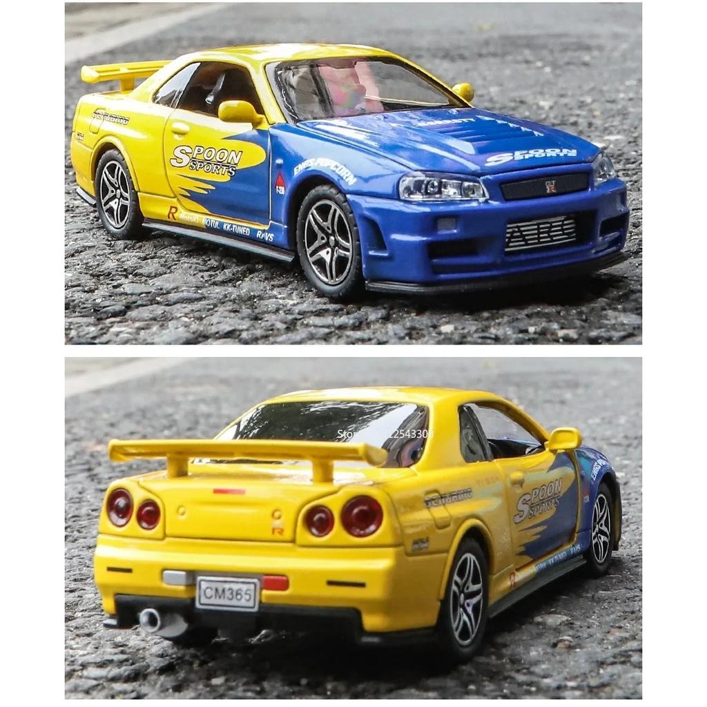 1/32 Nissan GTR R34 Модель автомобиля Игрушки Металлические литые имитационные транспортные средства со светом и инерционными игрушками Коллекция для мальчиков Подарки на праздники