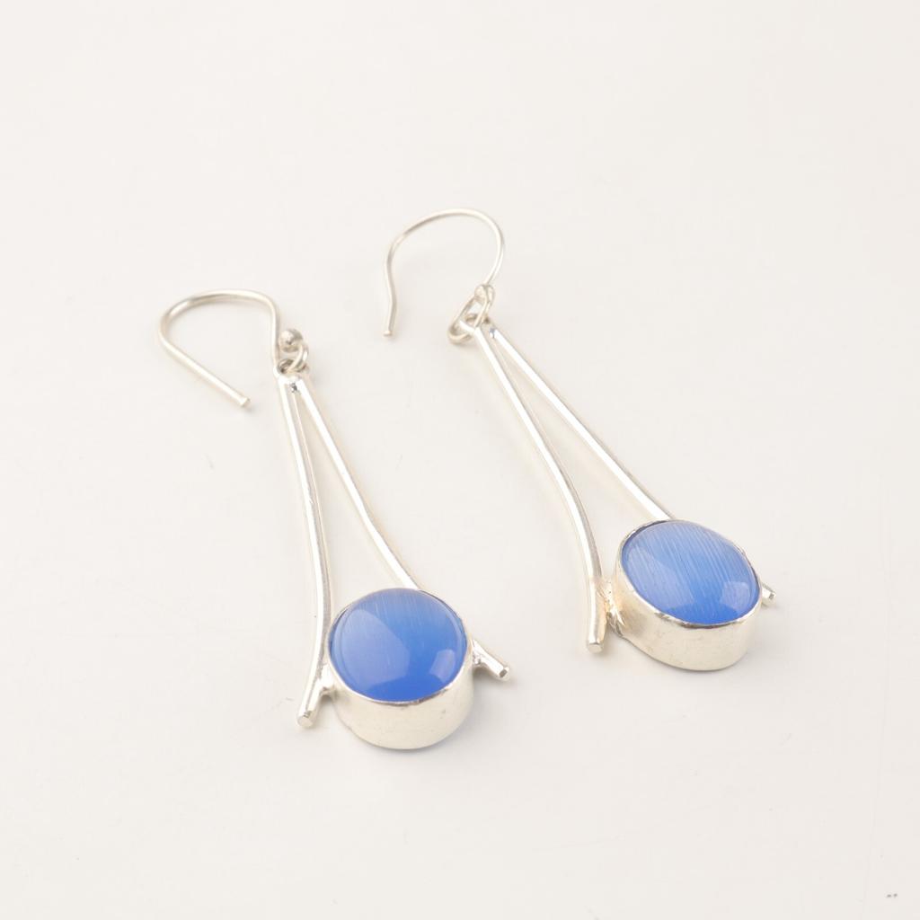 Natural Dark Blue Cat's Eye Gemstone 925 Sterling Silver Handmade Earrings 2.63" EE-136-34