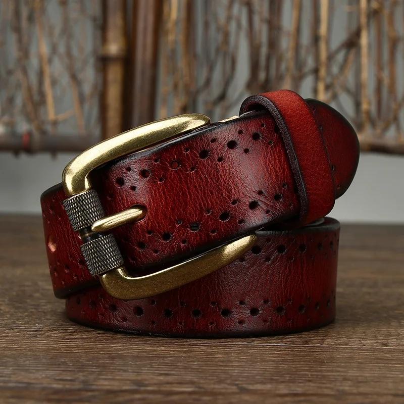 3,8 см Ширина Ретро Ковбойский Джинсовый Пояс Мужской Ceinture Винтажная Латунная Пряжка Настоящая Кожаная Поясная Лента для Мужчин с Вырезом