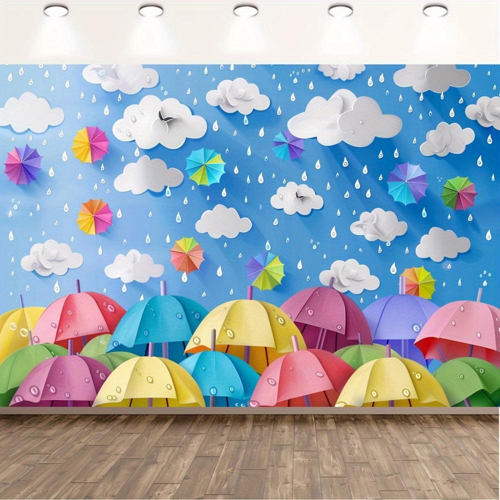 1 umbrella theme cartoon background, showing rain, clouds and raindrops, for shower background cloth party banner
