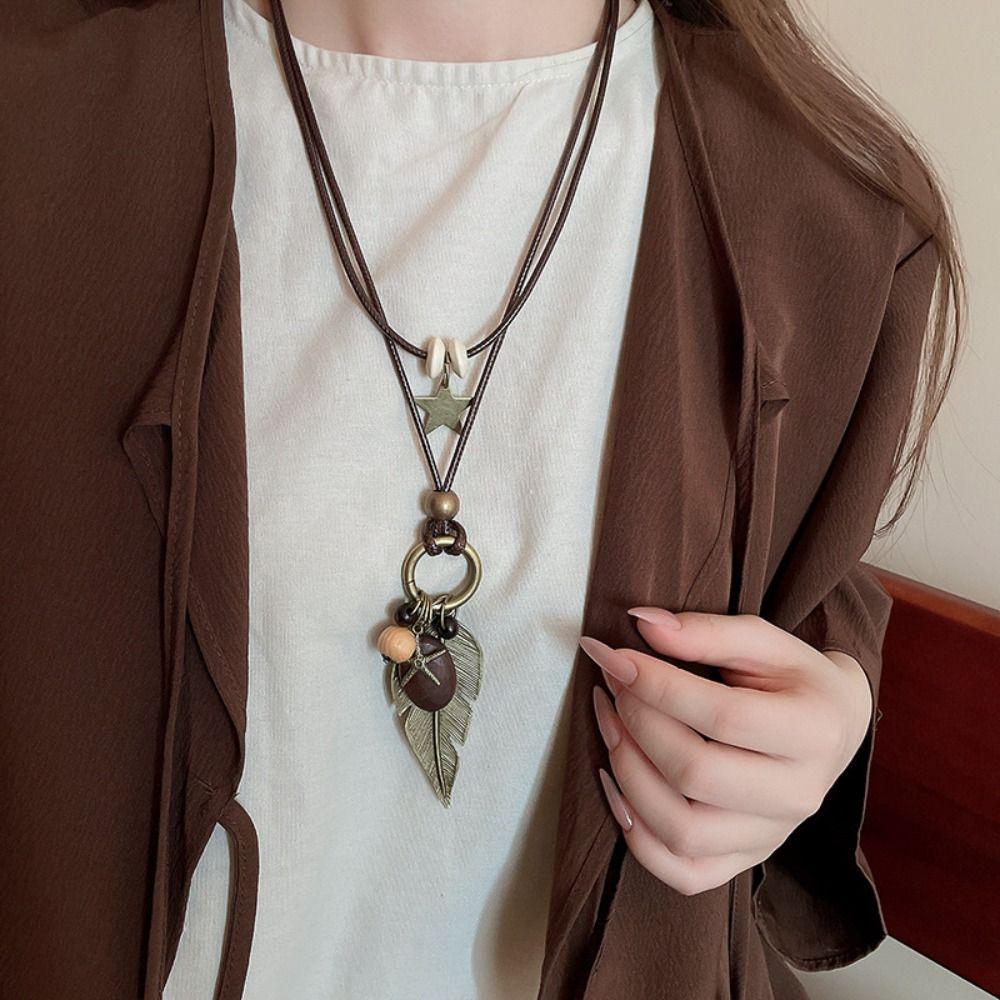 Geometric Bohemian Style Choker Wood Long Sweater Chain Ethnic Style Necklace Jewelry Accessories