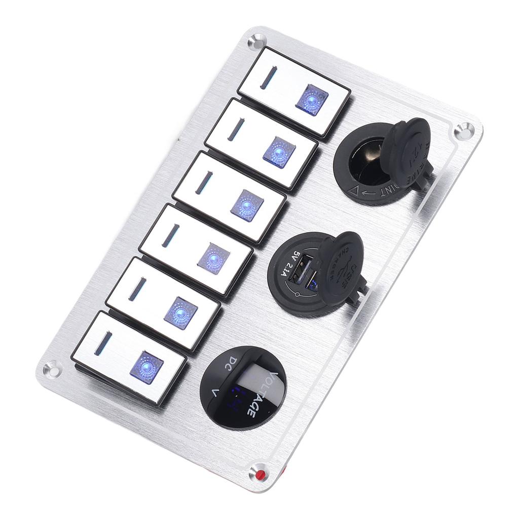 Панель переключателей Rocker Switch 6 Gang On Off Blue LED Light 2.1A Dual USB Charger Port Алюминиевый сплав для автомобиля
