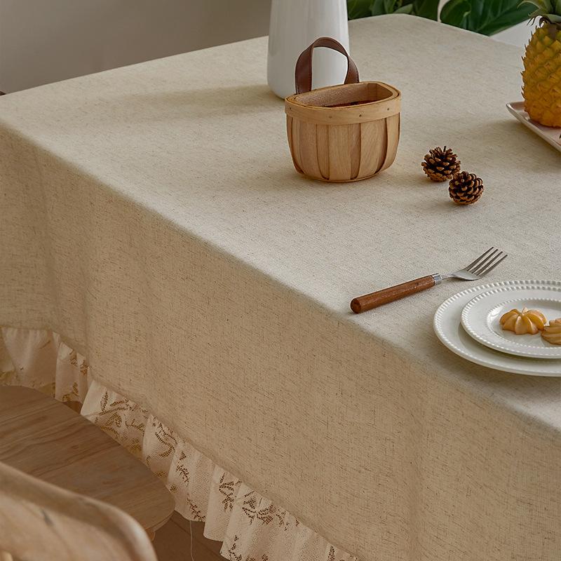 Solid Color Linen Ruffle Edge Tablecloth High-End Khaki Rectangular American Dining Table Mat Fringe Labeling