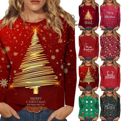 Женская модная повседневная футболка с круглым вырезом и рождественским принтом и длинными рукавами