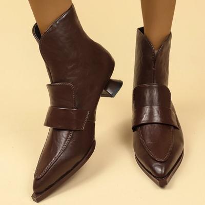 Ботильоны на каблуке особой формы, осенний новый стиль, заостренный носок, декоративная строчка, задняя молния, нескользящие, износостойкие, короткие ботинки