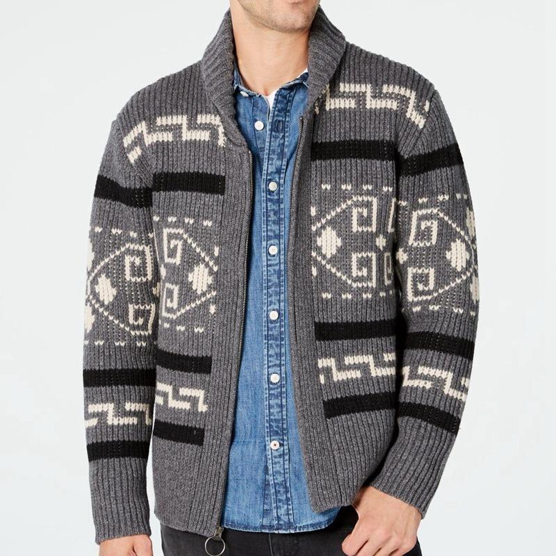 Autumn Winter New Men's Fashion Lapel Casual Cardigan Coat Long Sleeve Slim Jacquard Knitted Sweater