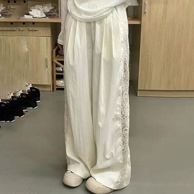 Женские летние стильные брюки с широкими штанинами и кружевной отделкой - Прямого кроя, повседневные, модные, длинные брюки