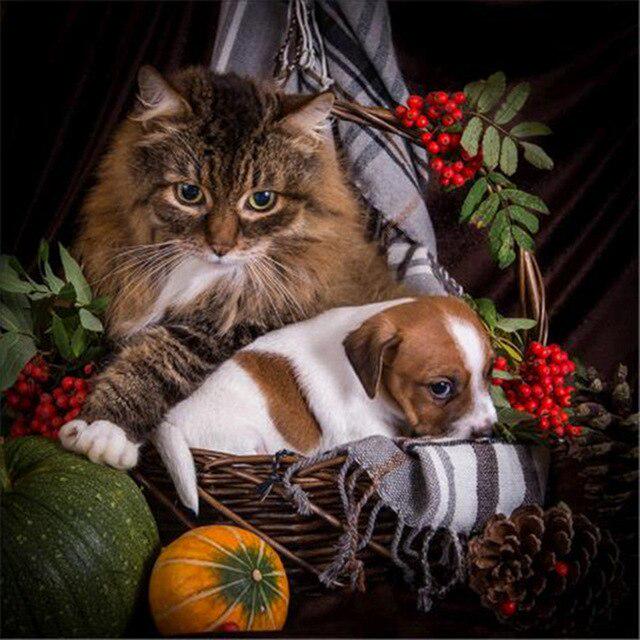 5D Алмазная картина Кошка Изгородь Листья Фрукты Животное Мозаика Круглая Полная Алмазная Вышивка Крестом